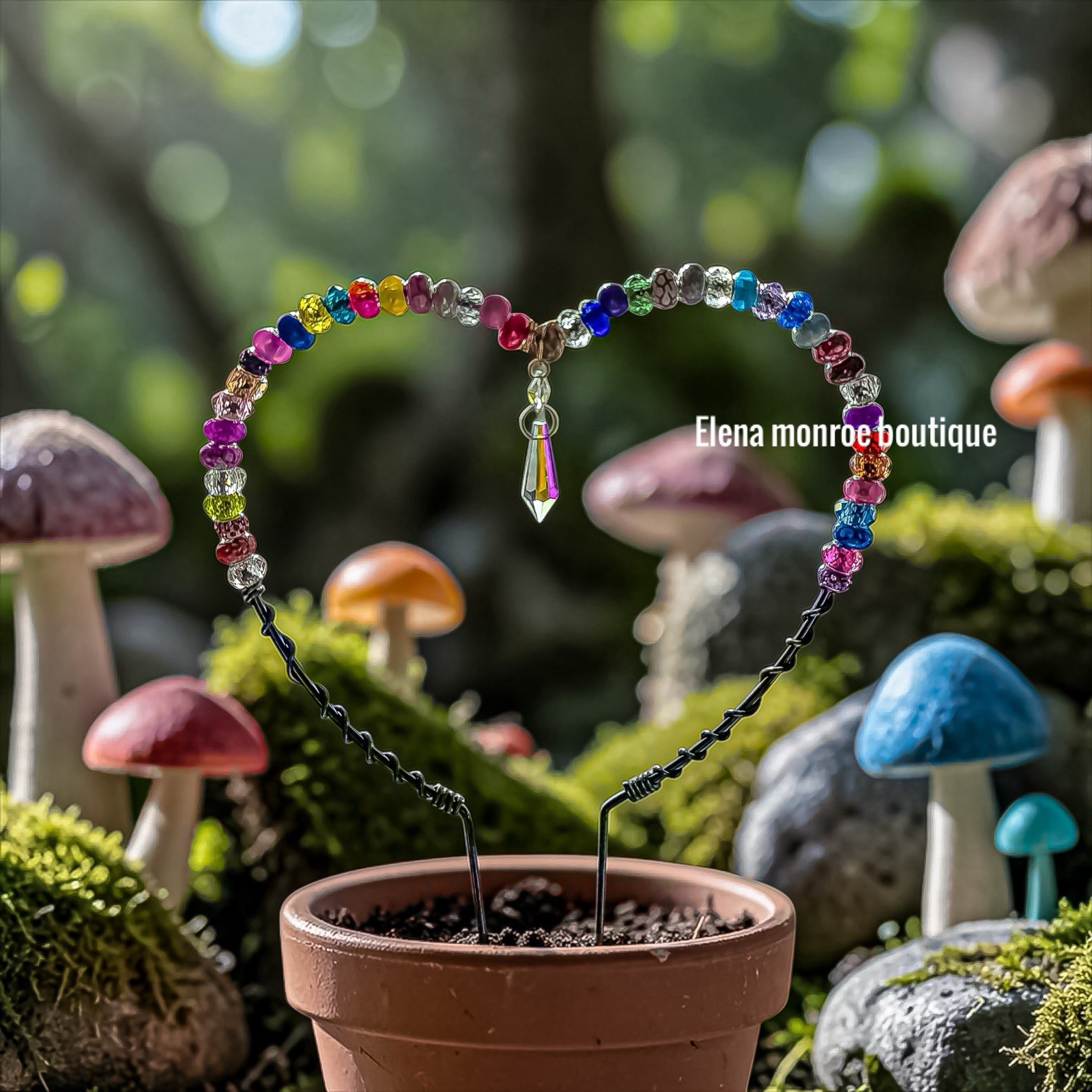 Elena Monroe Boutique Multicolor Glass Bead Heart Fairy Garden Stake Outdoor
