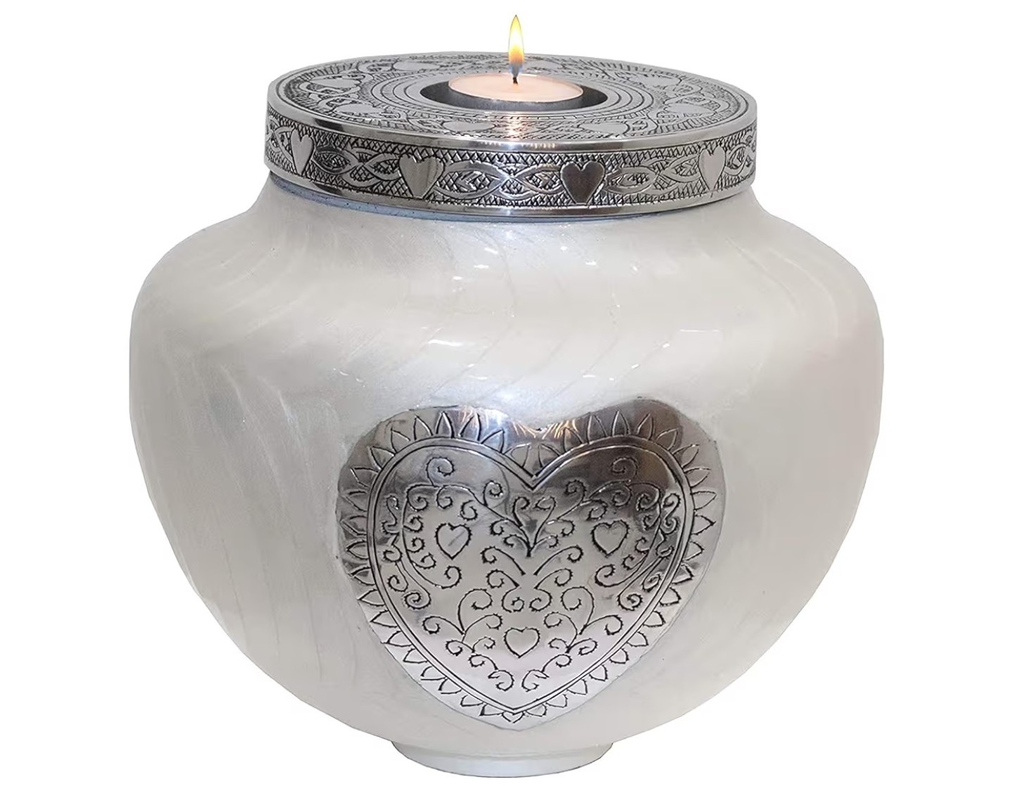 hlc Urn Pearlescent White Silver Heart Candle Cremation Memorial Funeral, NIB