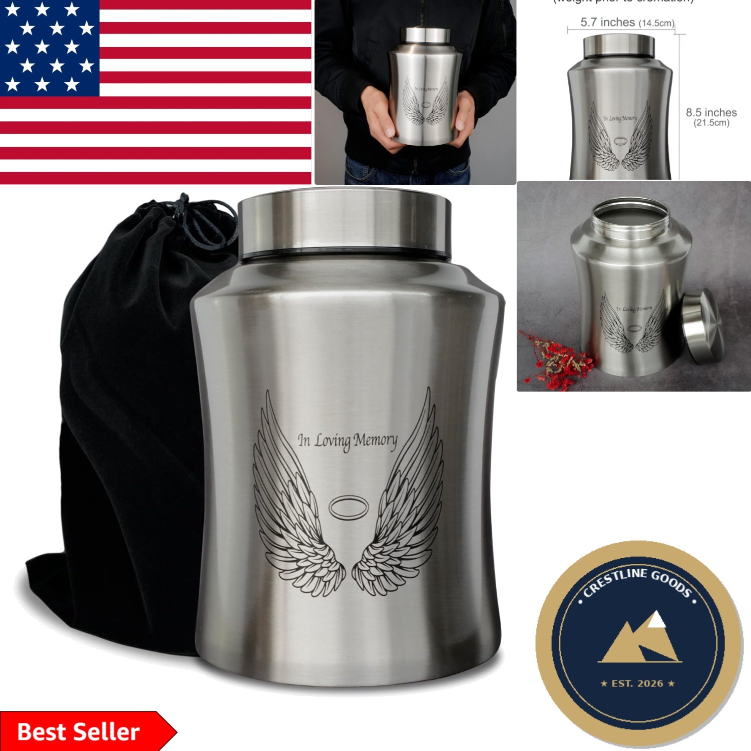 High-Quality Stainless Steel Large Urn with Angel Wings – 160 lbs Capacity
