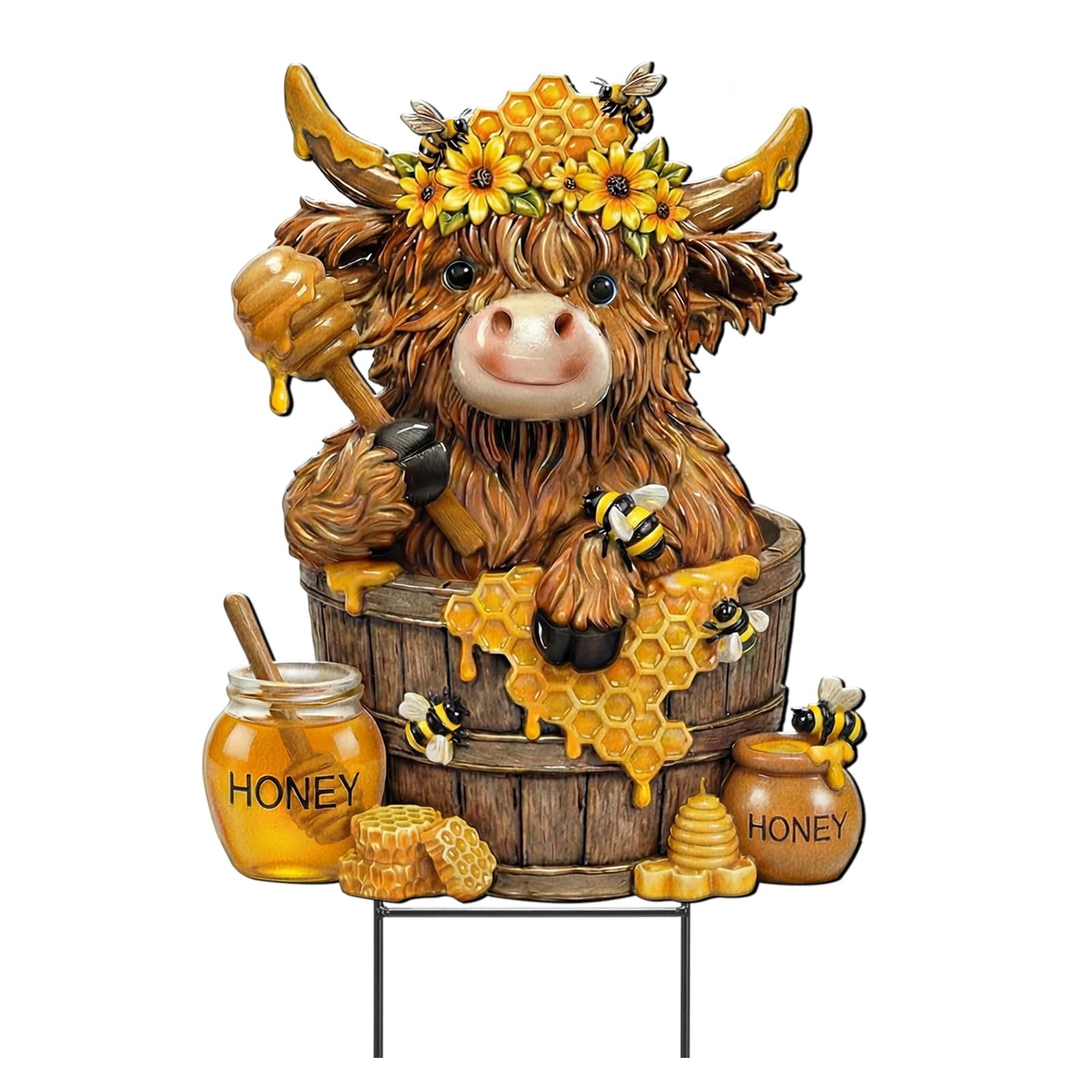 Bee Highland Cow Outdoor Decor Honeybee Cow Metal Garden Stakes Decorative Ru…