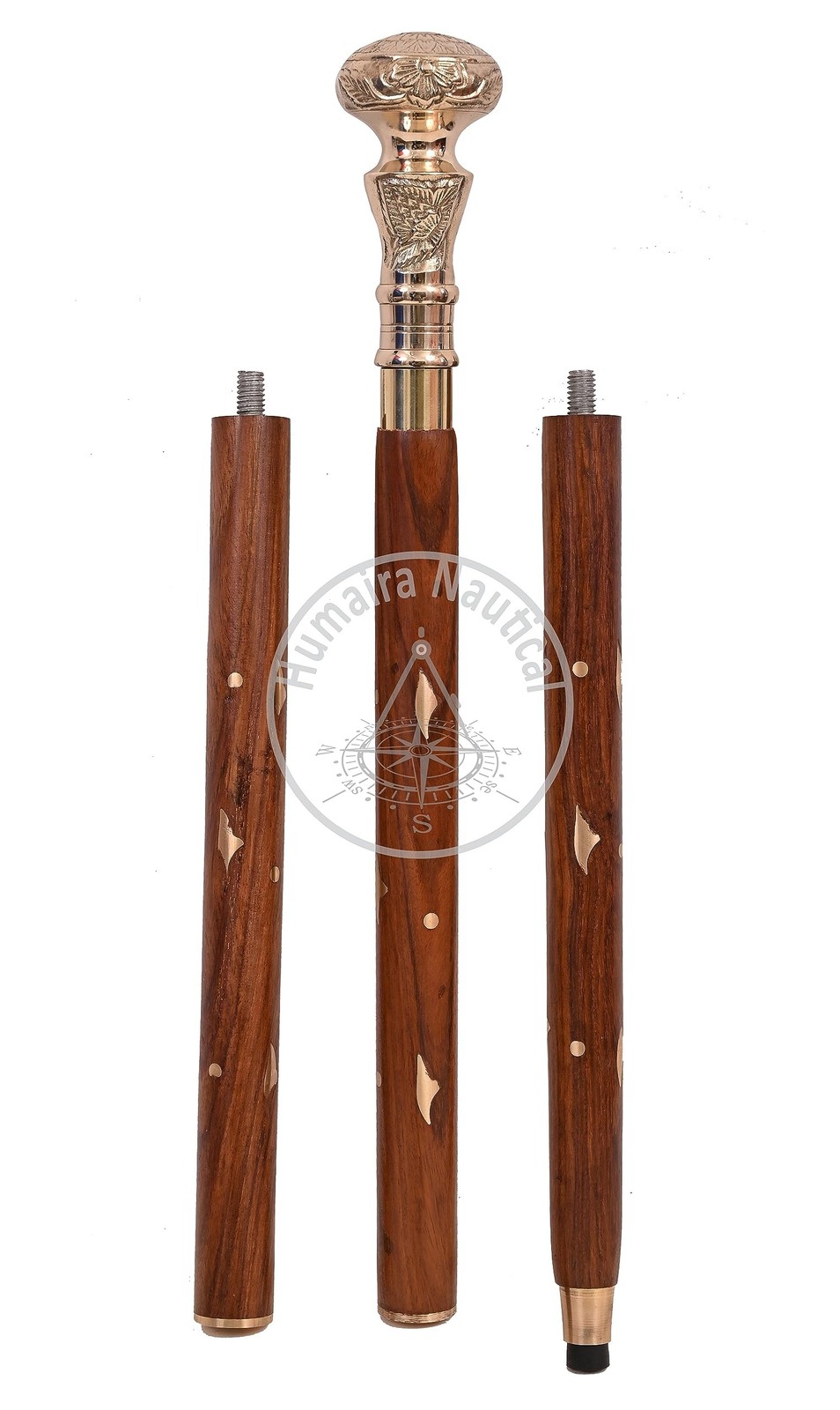 Victorian Brass Handle Walking Stick – Telescope Foldable Wooden Cane, for