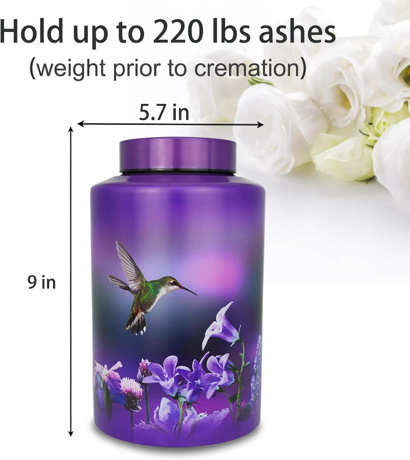Purple Metal Cremation Urn for Adult Human Ashes Large 220 lbs Hummingbird