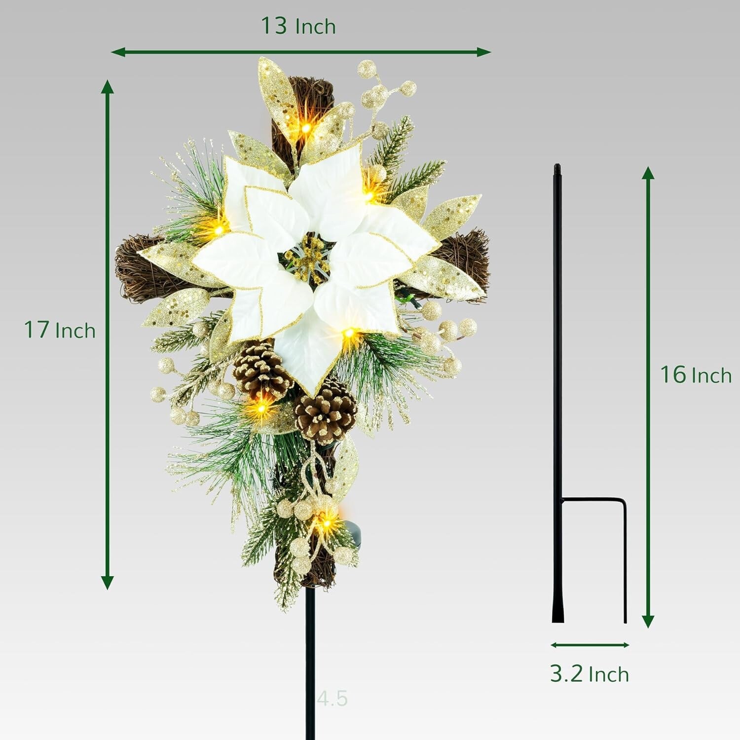 Solar Lighted Golden Cross Stake Gravesite Marker Cemetery Tombstone Decoration