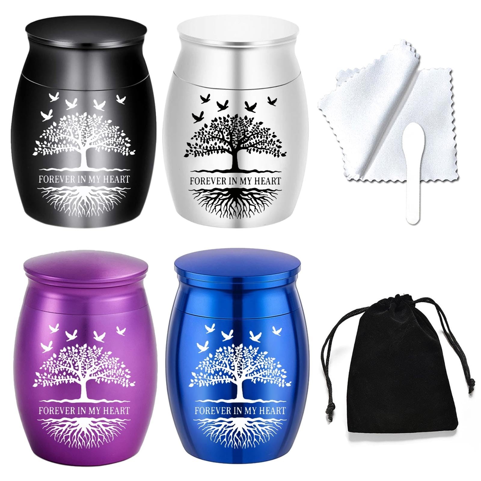 Keepsake Urn for Human Ashes – 4-Piece Set Blue/Purple/Silver/Black – Tree