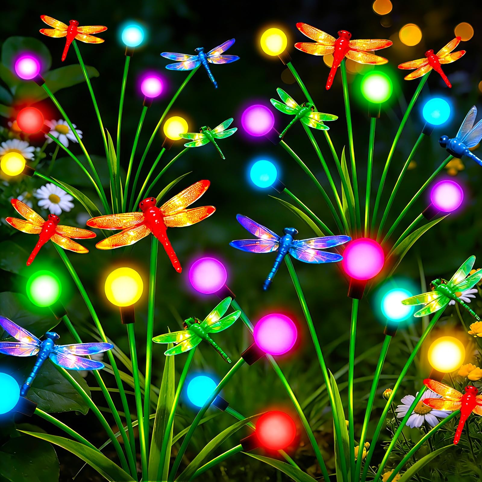 “4 Pack Solar Dragonfly Garden Stakes with 3D Colorful Lights for Outdoor Decor”
