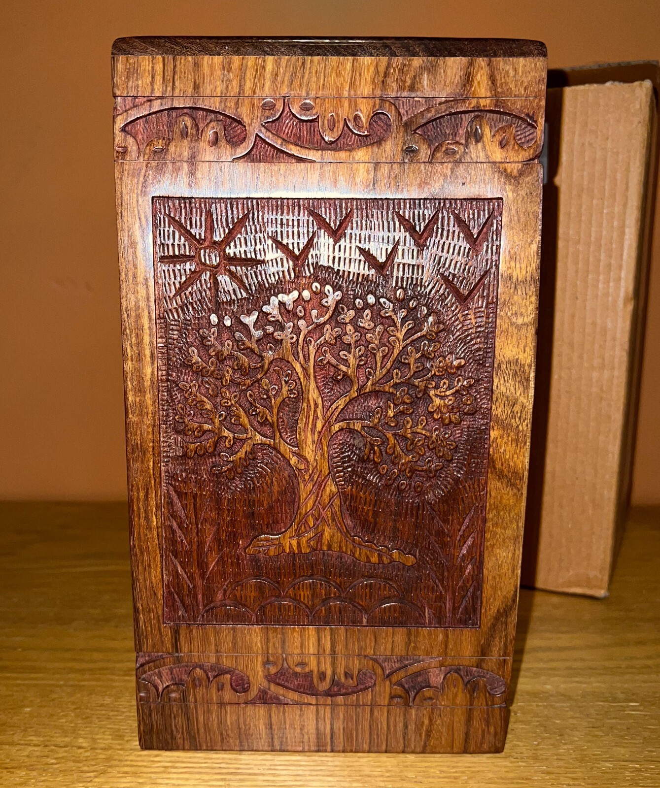 INTAJ Handcarved Wooden Cremation Urn for Human Ashes, Tree of Life, 250 lbs