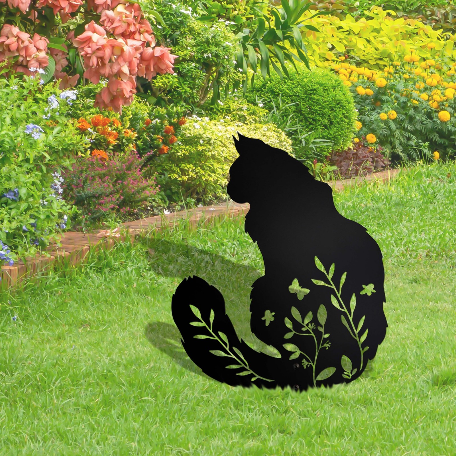 Maine Coon Cat Garden Stake – Elegant Black Cat Statue with Floral Design for…