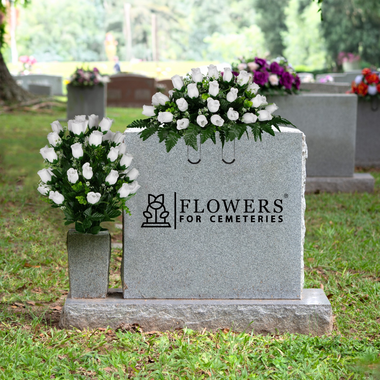 Artificial Cemetery Flowers – White Rose Saddle & Matching Bouquet
