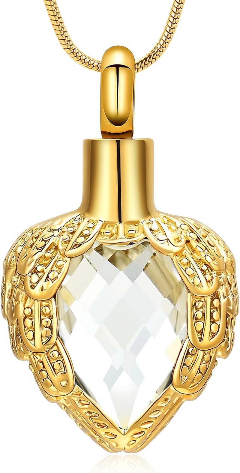 Gold Angel Wings Glass Heart Urn Pet/Human Cremation Pendant Necklace Jewelry fo