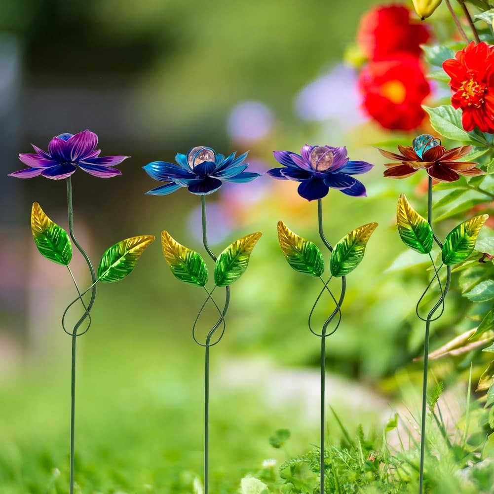 4 Pack Flower Decorative Garden Stakes, Metal Flowers Outdoor Decor Metal Flo…