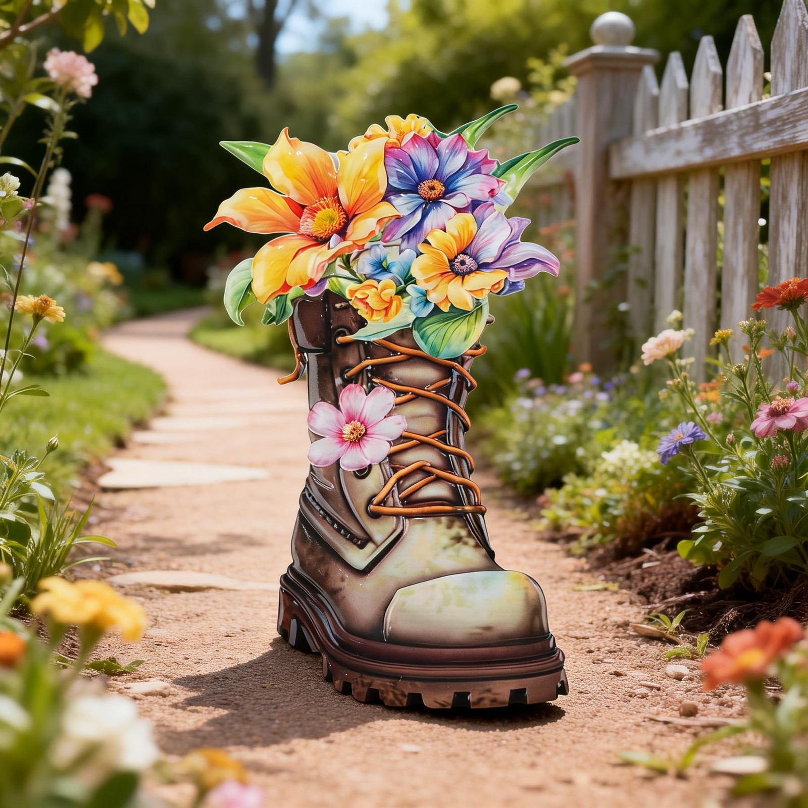 Garden Decor for Outside, 23″ Decorative Garden Stakes Metal Boot with Flower…