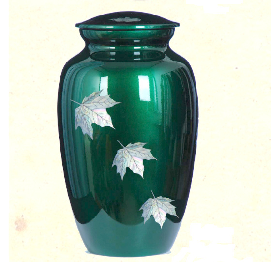 Mother of Pearl Autumn Leaves Inlay Green Cremation Urn Adult Funeral Memorial