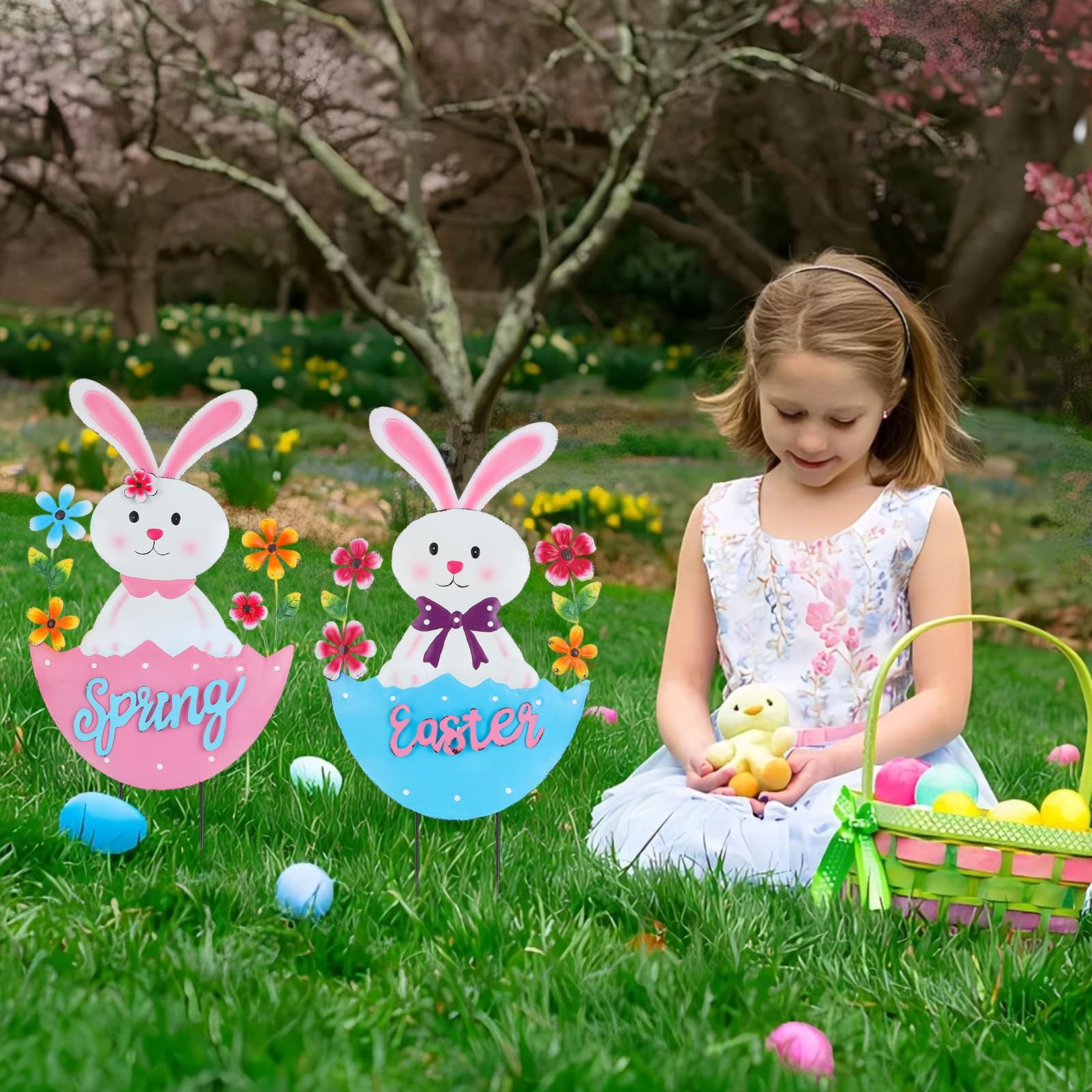 2 Pack Easter Rabbit Outdoor Decor – Spring Bunny Yard Signs with 3D Letters …