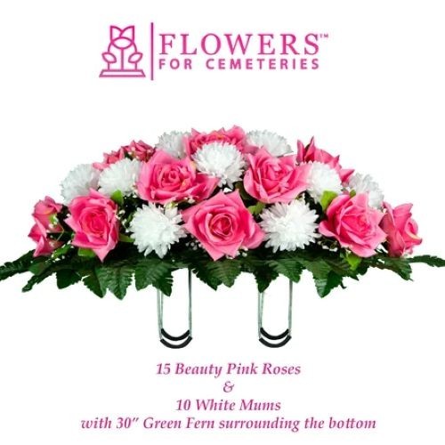 Artificial Cemetery Saddle- Beauty Pink Open Rose with White Mum Saddle