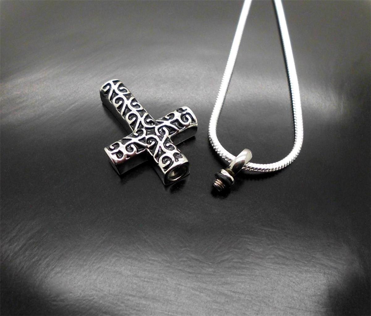 Black & Silver Celtic Keepsake Memorial Cross Cremation Funeral Urn Pendant NIB