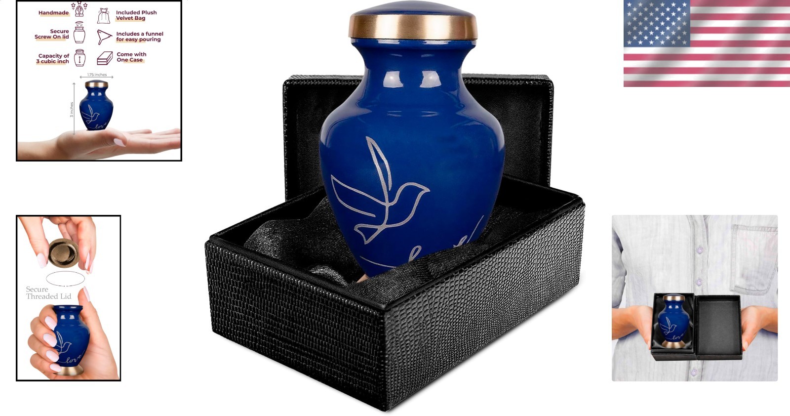 Keepsake Mini Urn for Adult Ashes Dark Blue Aluminum Brass Threaded Lid