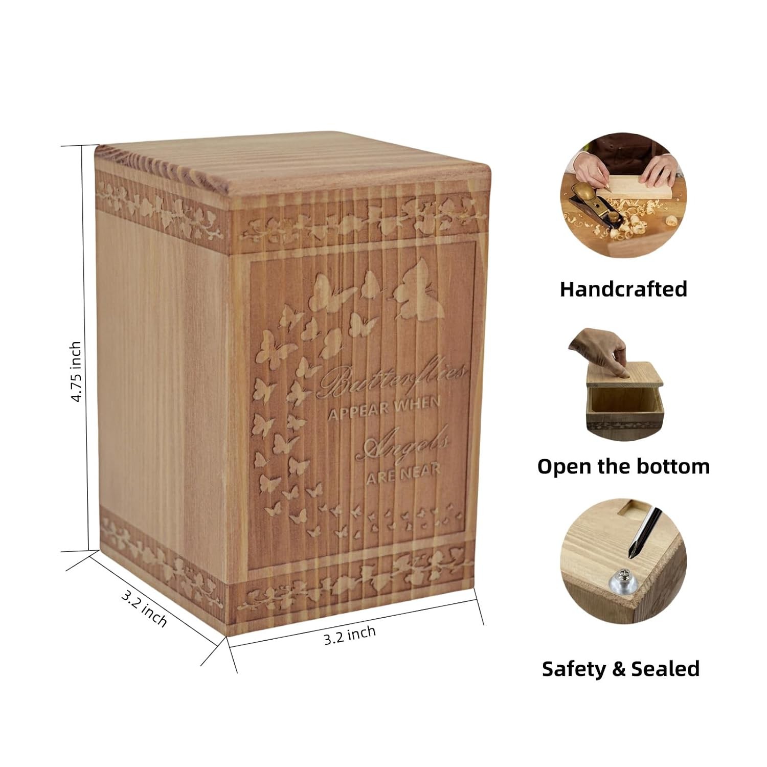 Handmade Wooden Cremation Urn Small Butterfly Engraved Urn for Ashes 24 Cubic