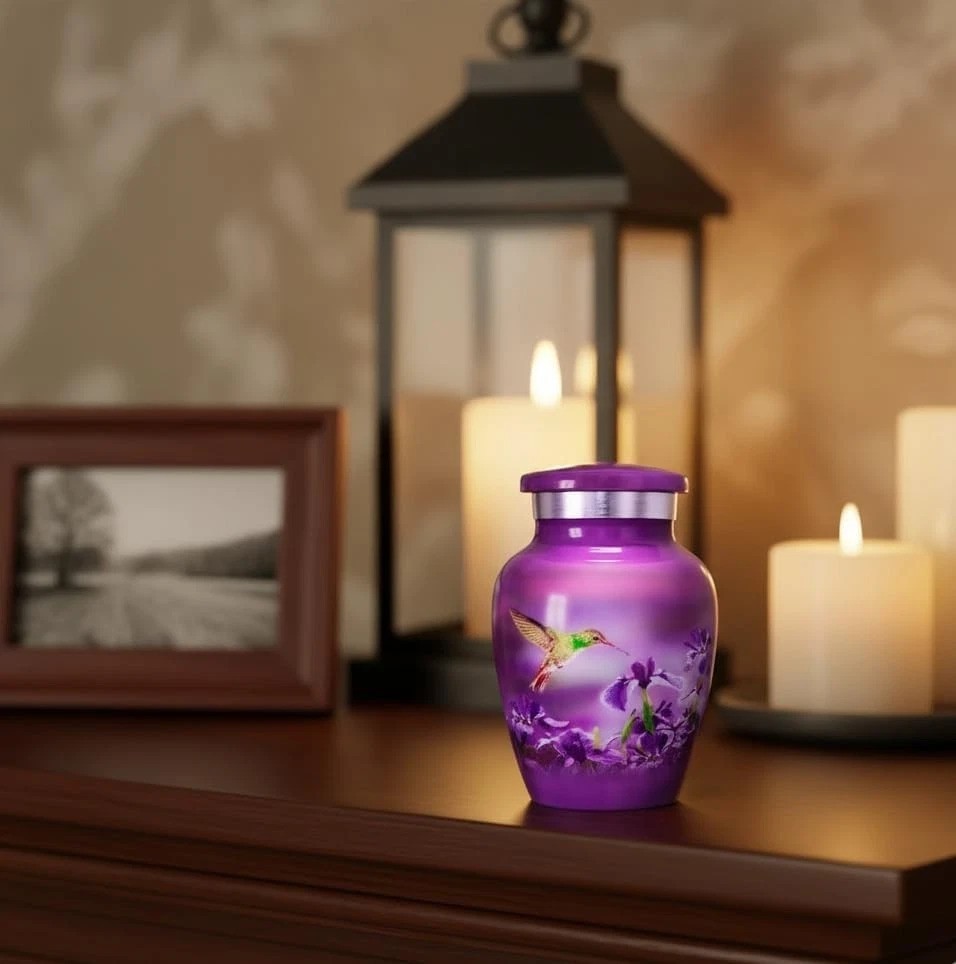 Unique Hummingbird Keepsake Urn – Elegant Small Brass Urn, Velvet Bag Included