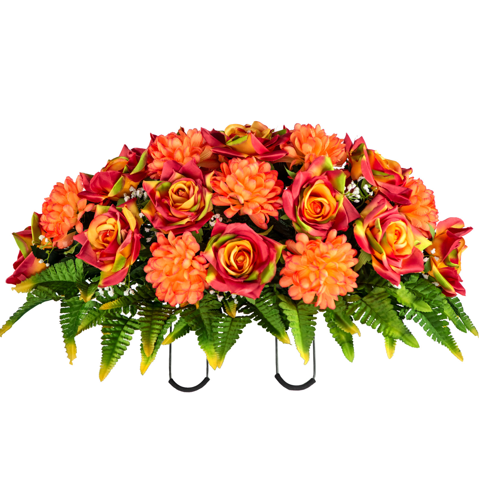 Artificial Cemetery Flowers – Sunset Orange Open Rose & Mum Saddle for Headstone