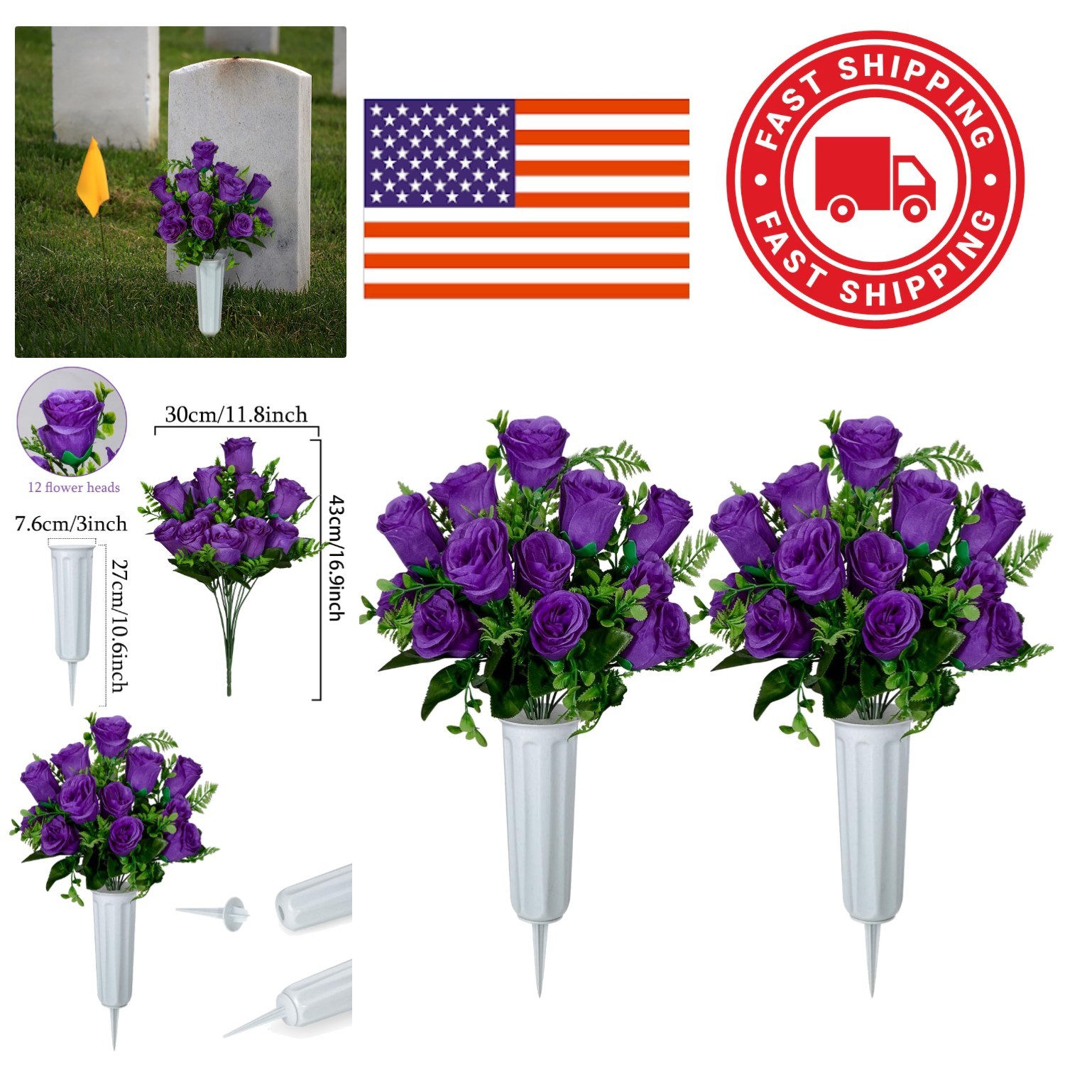 Artificial Cemetery Flowers Set of 2 Purple Rose Bouquets with Vase for Memorial