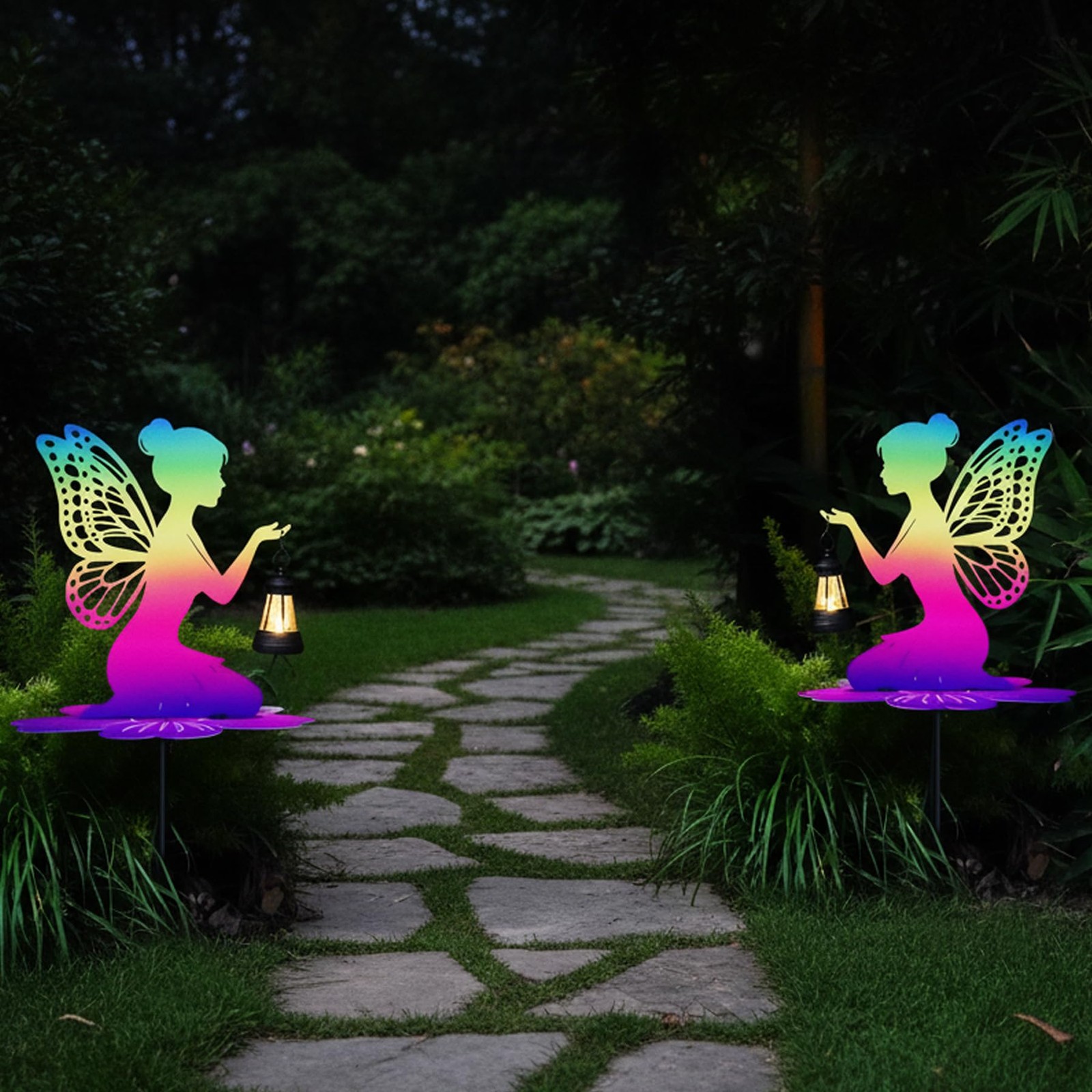 Iridescent Solar Fairy Garden Stake 21″ LED Lantern for Outdoor Decor