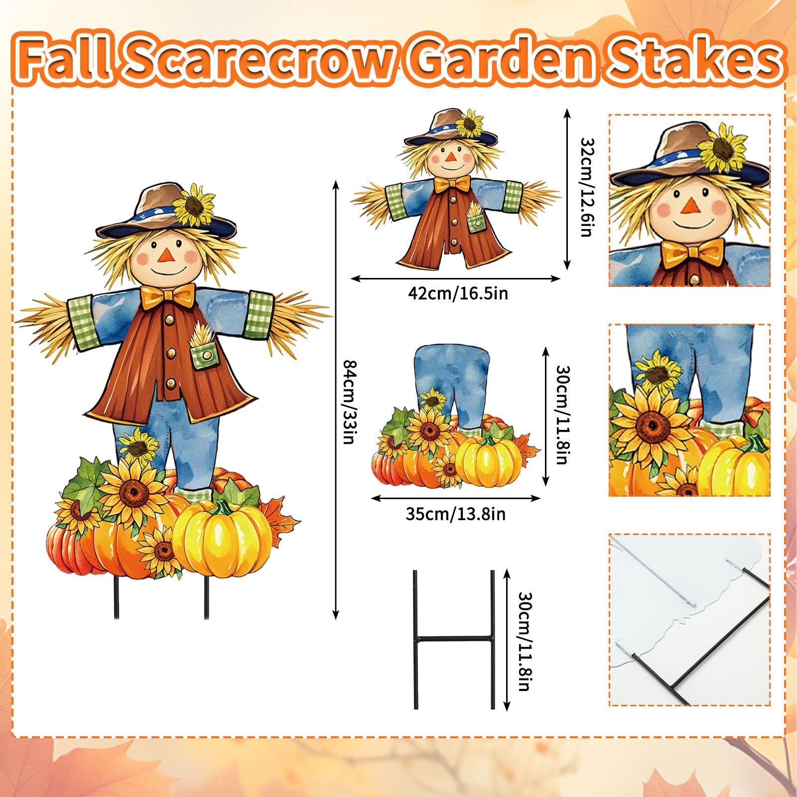 33 Inch Fall Scarecrow Metal Garden Stake Rustic Pumpkin Pile Lawn Yard Sign