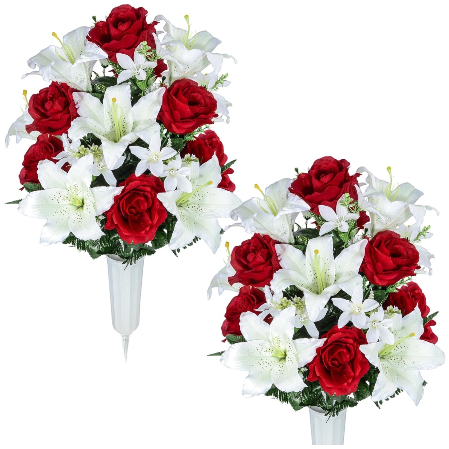 Heartfelt Cemetery Memorial Flowers, White Lily Red Rose Set