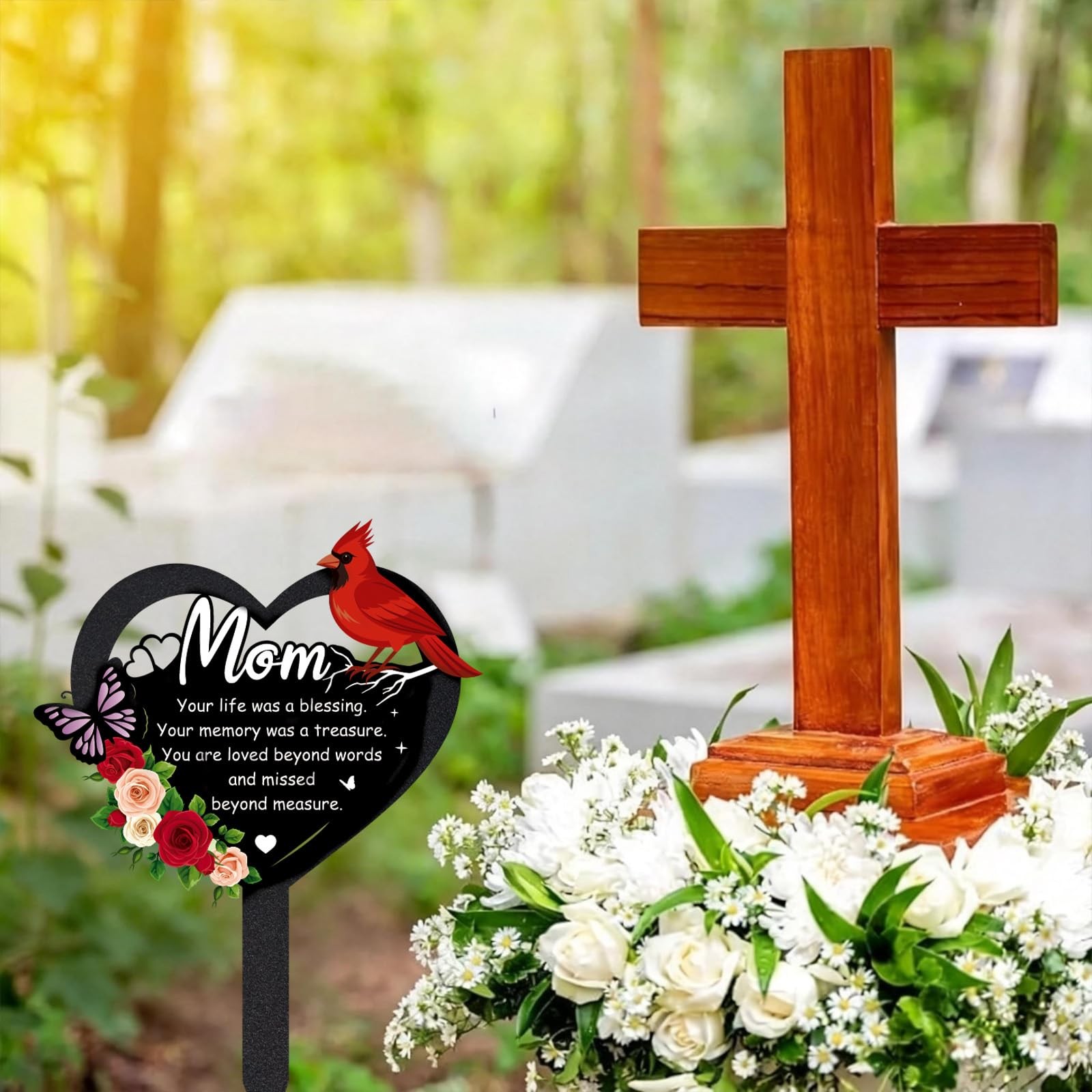 Grave Decorations for Cemetery – Memorial Metal Heart Cardinal Stakes Outdoor