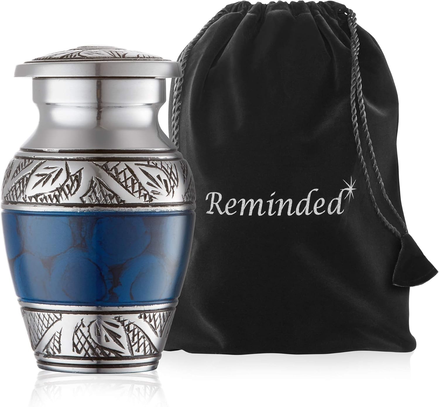 Set of 6 Blue and Silver Mini Keepsake Urns with Velvet Case