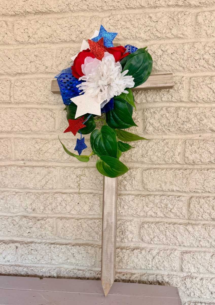 Cemetery Cross Decoration, Red White Blue Floral Memorial Grave Arrangement 24”
