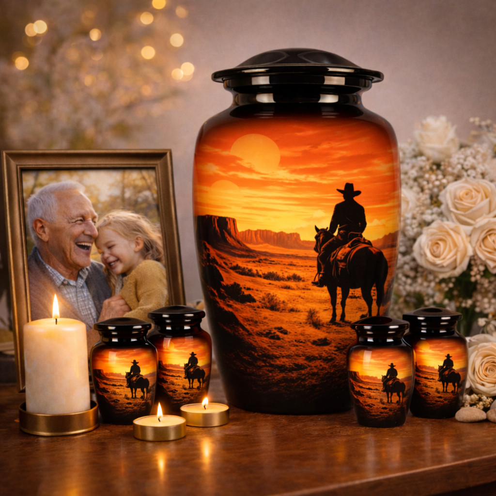 Western Cowboy Sunset Cremation Urn, Desert Landscape Memorial, Aluminum Metal