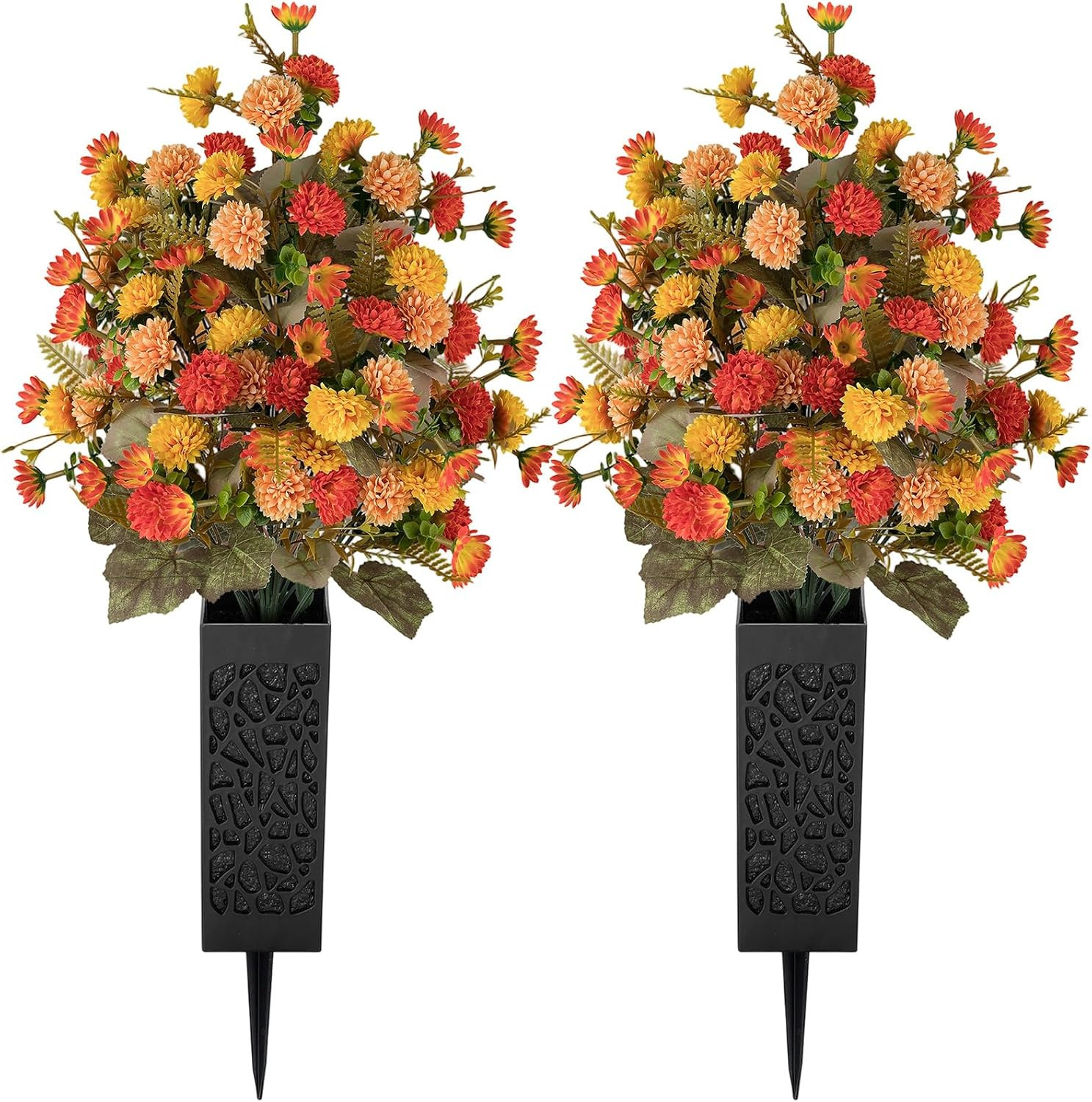 Vibrant Orange Mums Cemetery Flowers with Vases – 2 Pcs Outdoor Decor