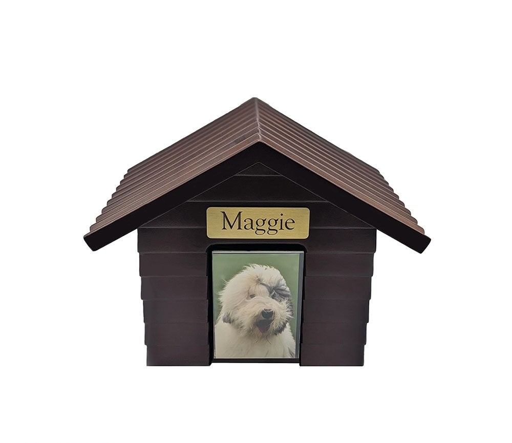 Small 45 Cubic Inches Walnut Doghouse Urn for Ashes with Engravable Nameplate