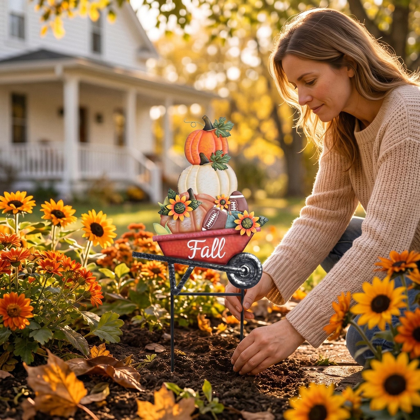 Fall Outdoor Decor,Pumpkin Decorations Sunflower Football Yard Stakes for Law…