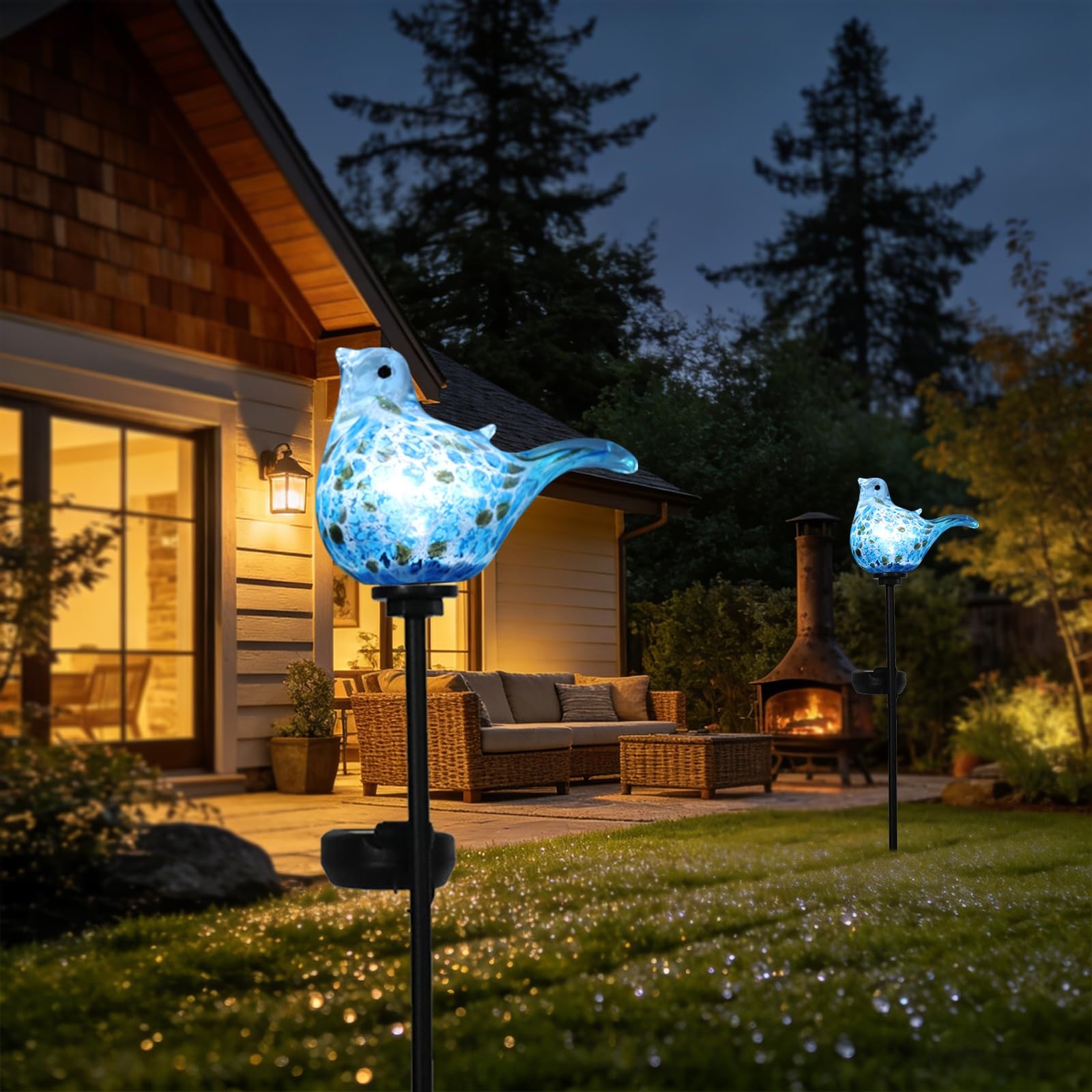 Solar Garden Lights Outdoor Blue Bird Hand-Blown Glass Solar Stake Lights Wat…
