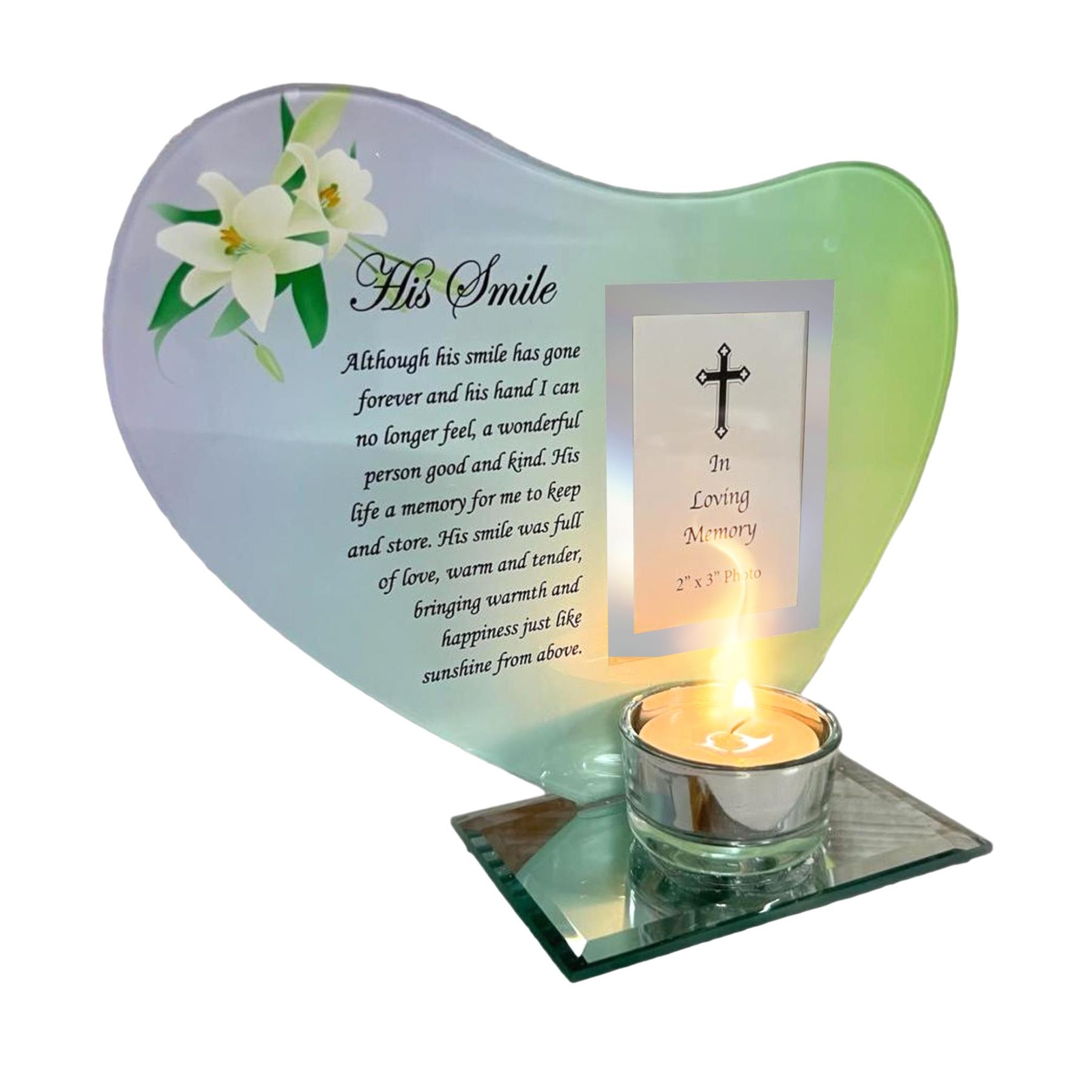 HIS SMILE glass memorial candle holder and photo frame