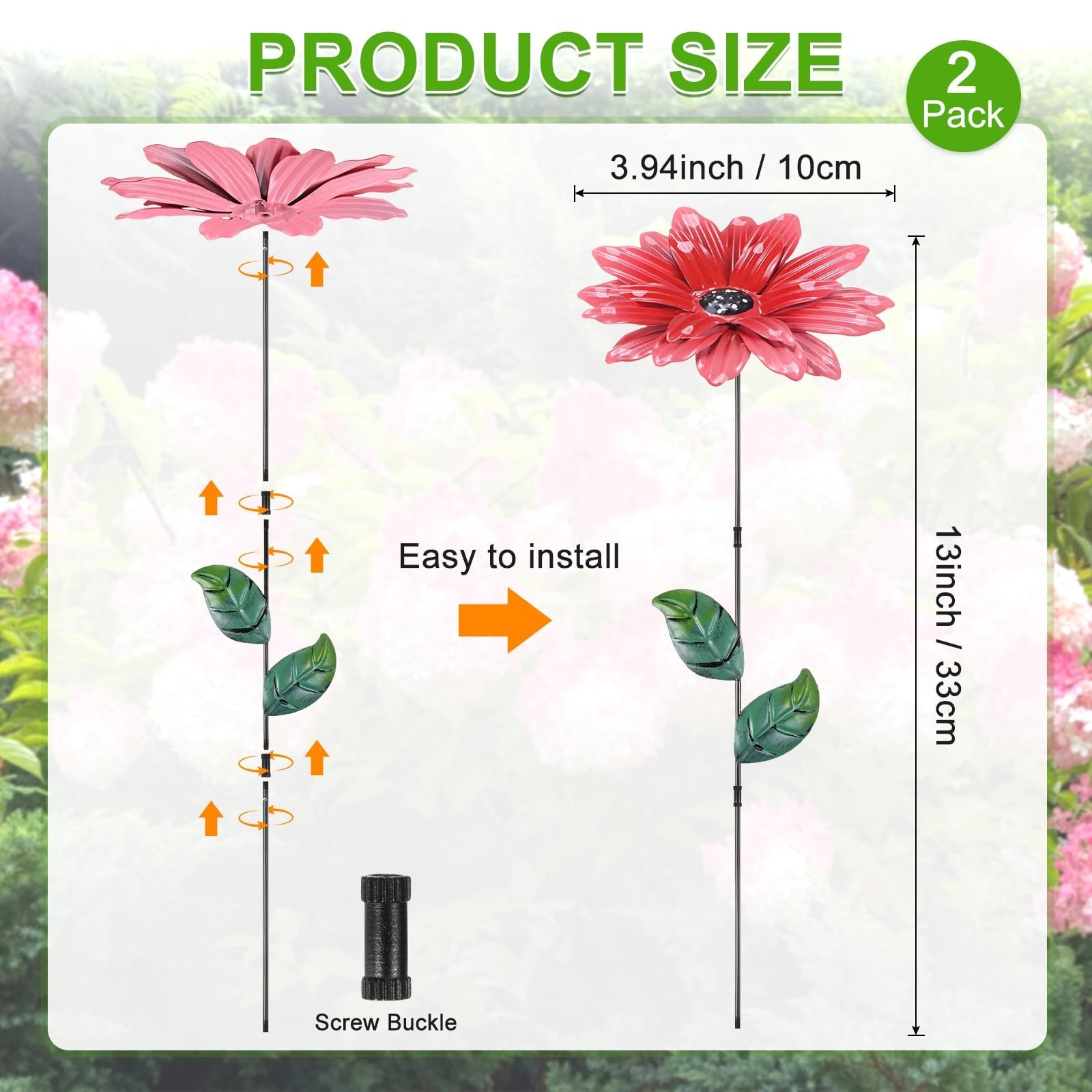 2 Pack Large Flower Garden Decor Stakes, 13 Inch Waterproof Metal Garden Stak…