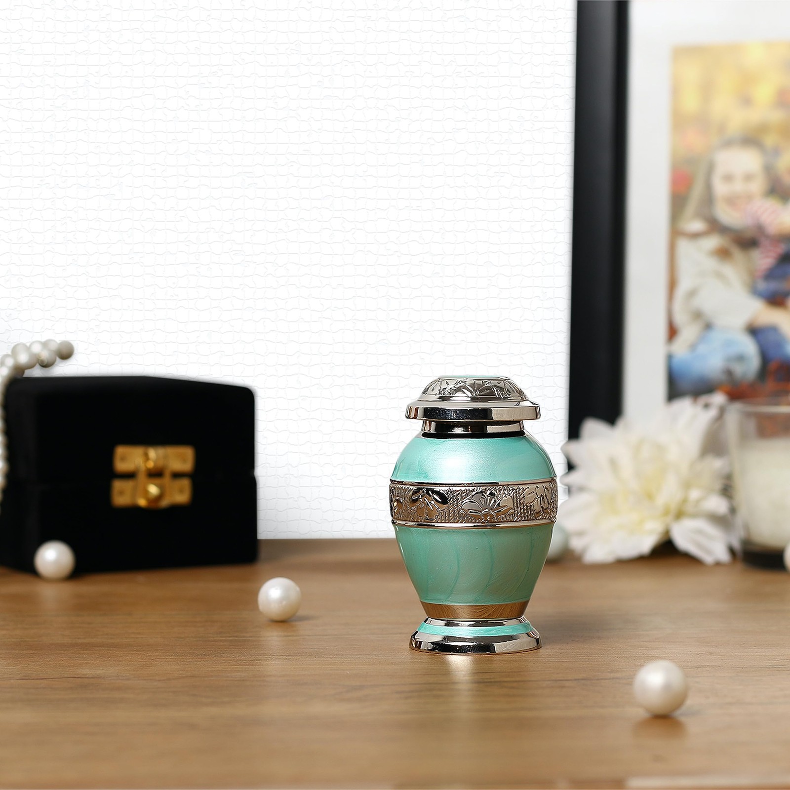 Azure Blue Engraved Small Keepsake Urn for Funeral Ashes Men Women | Ocean Bl…