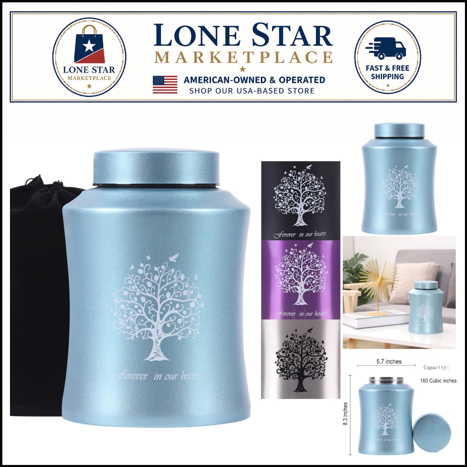 Durable Blue Tree of Life Cremation Urn – Secure Screw-Top Lid, 160 Cubic Inches