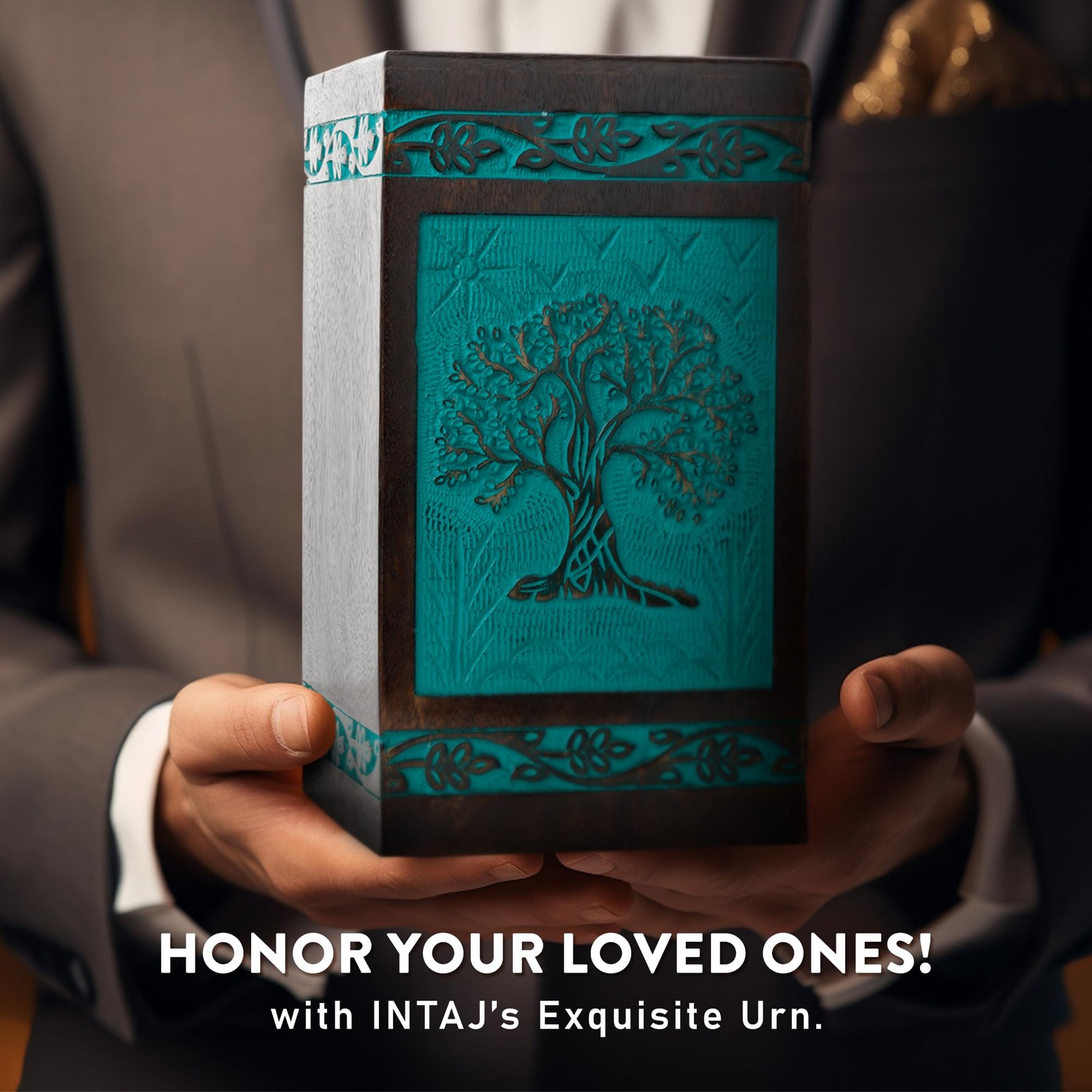 INTAJ Wooden Cremation Urns for Human Ashes – Medium (115 lbs), Teal Green