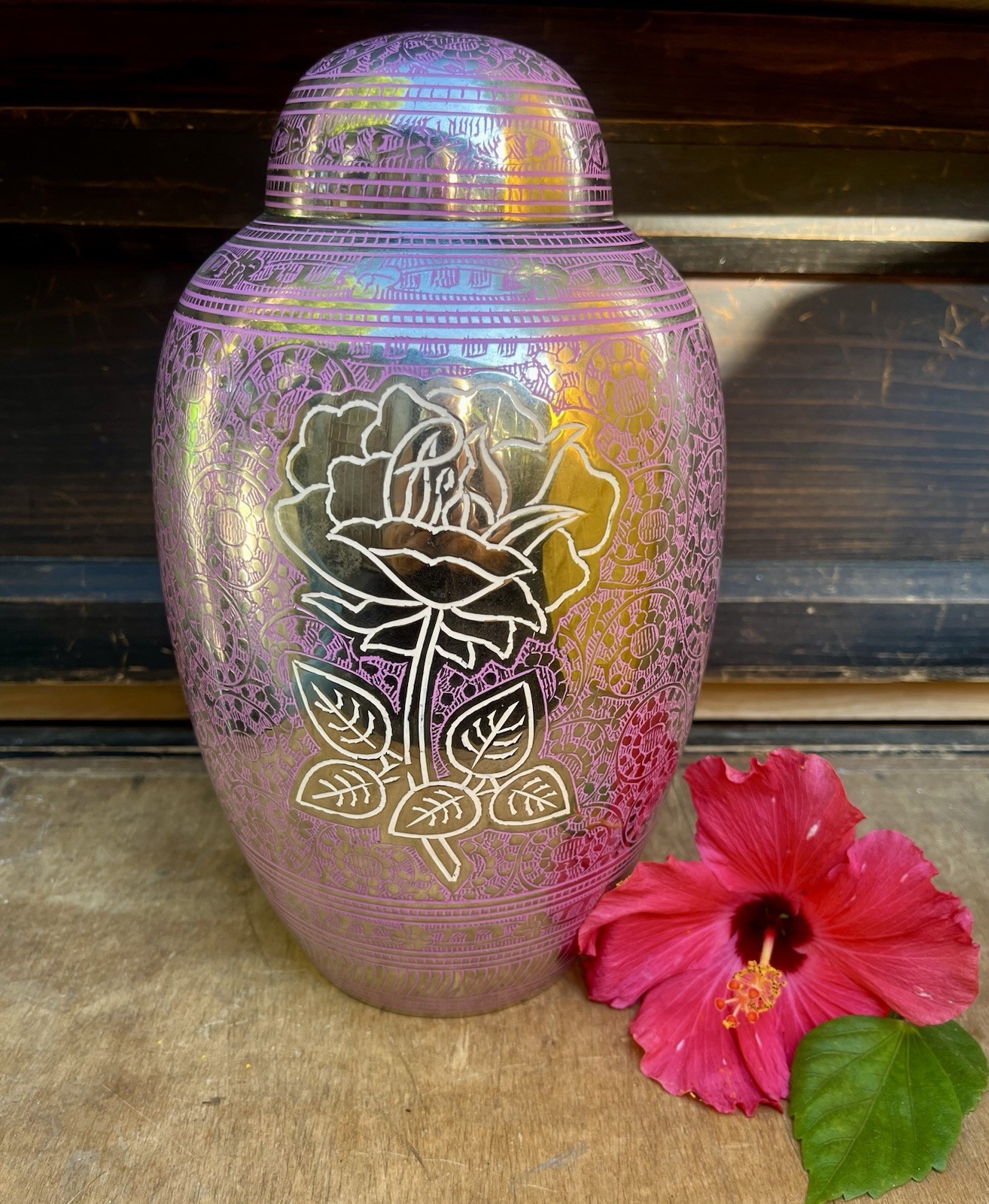 ELEGANT Keepsake Cremation Urn PINK SILVER Metal ETCHED ROSE 10” NEW