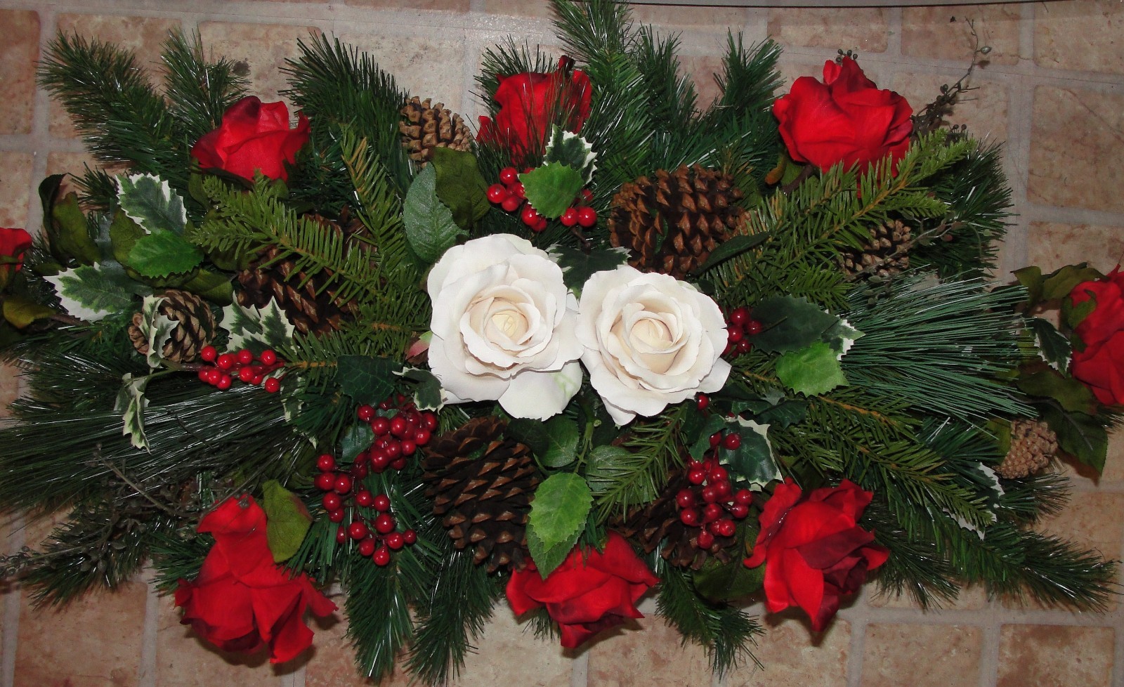 Valentines Day Cemetery Silk Flower Grave Christmas Pillow 34×13 White Red Roses