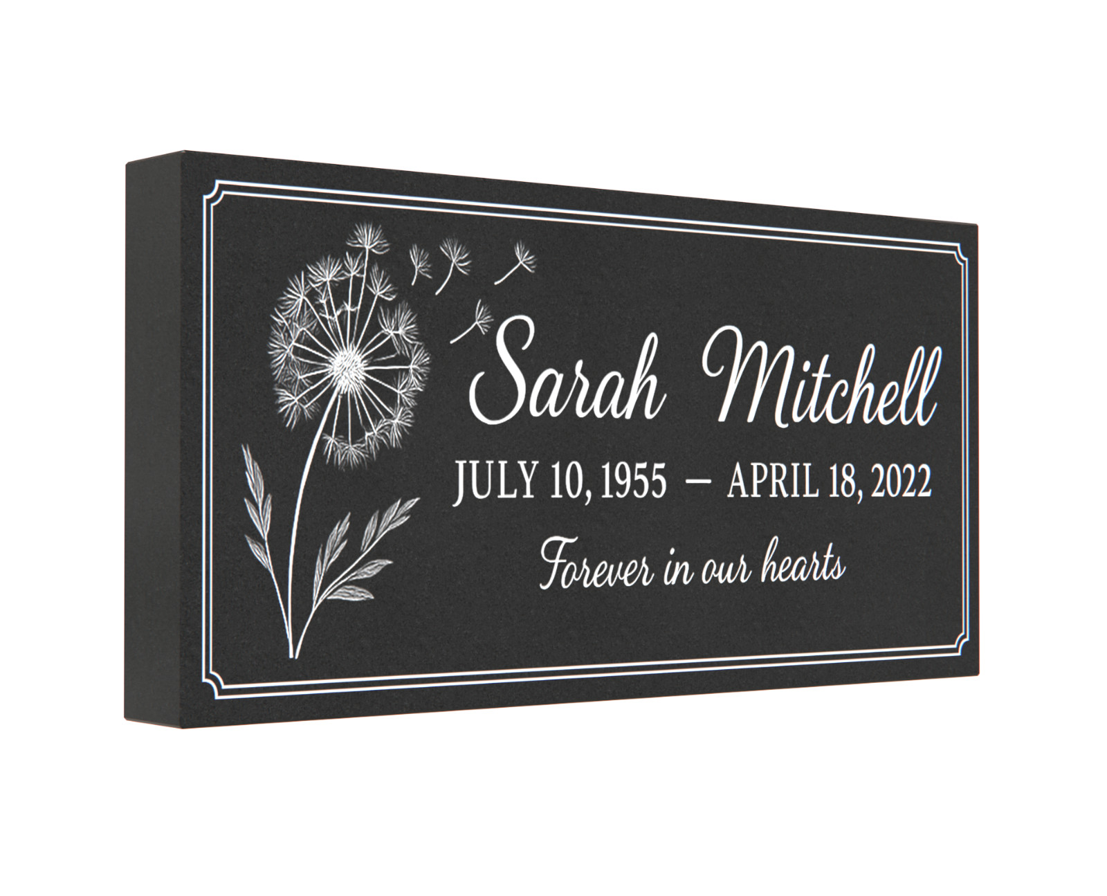 Custom Black Granite Headstone 28x14x3 – Dandelion Design