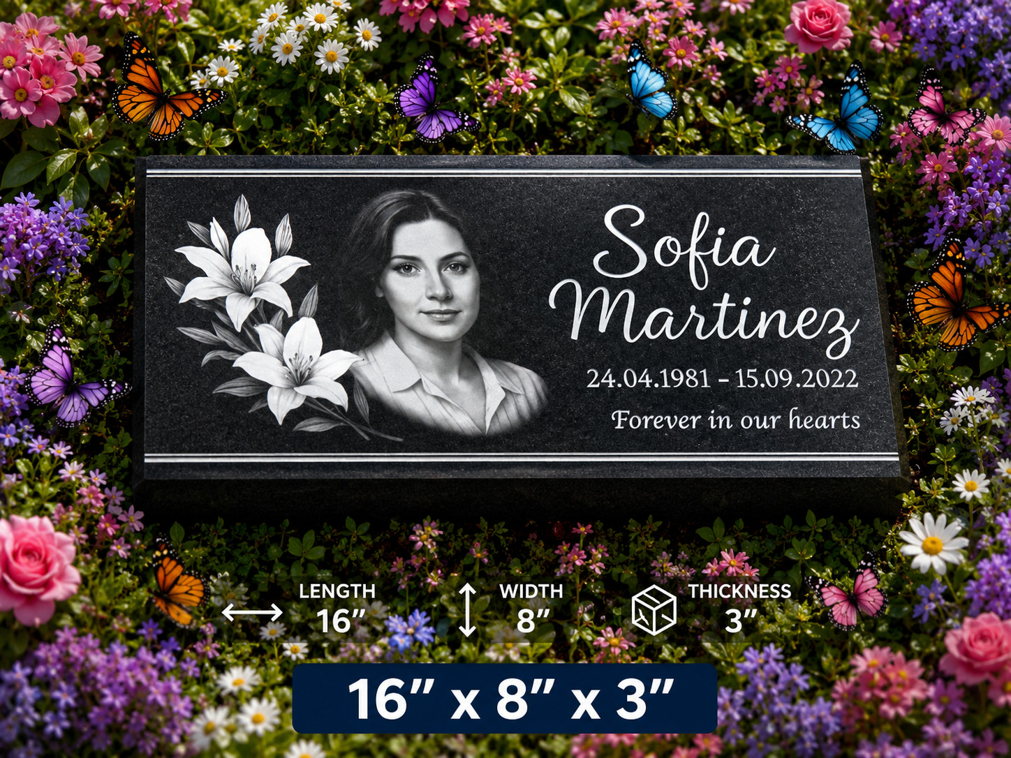 Black Granite Portrait Grave Marker Personalized Floral Memorial Headstone
