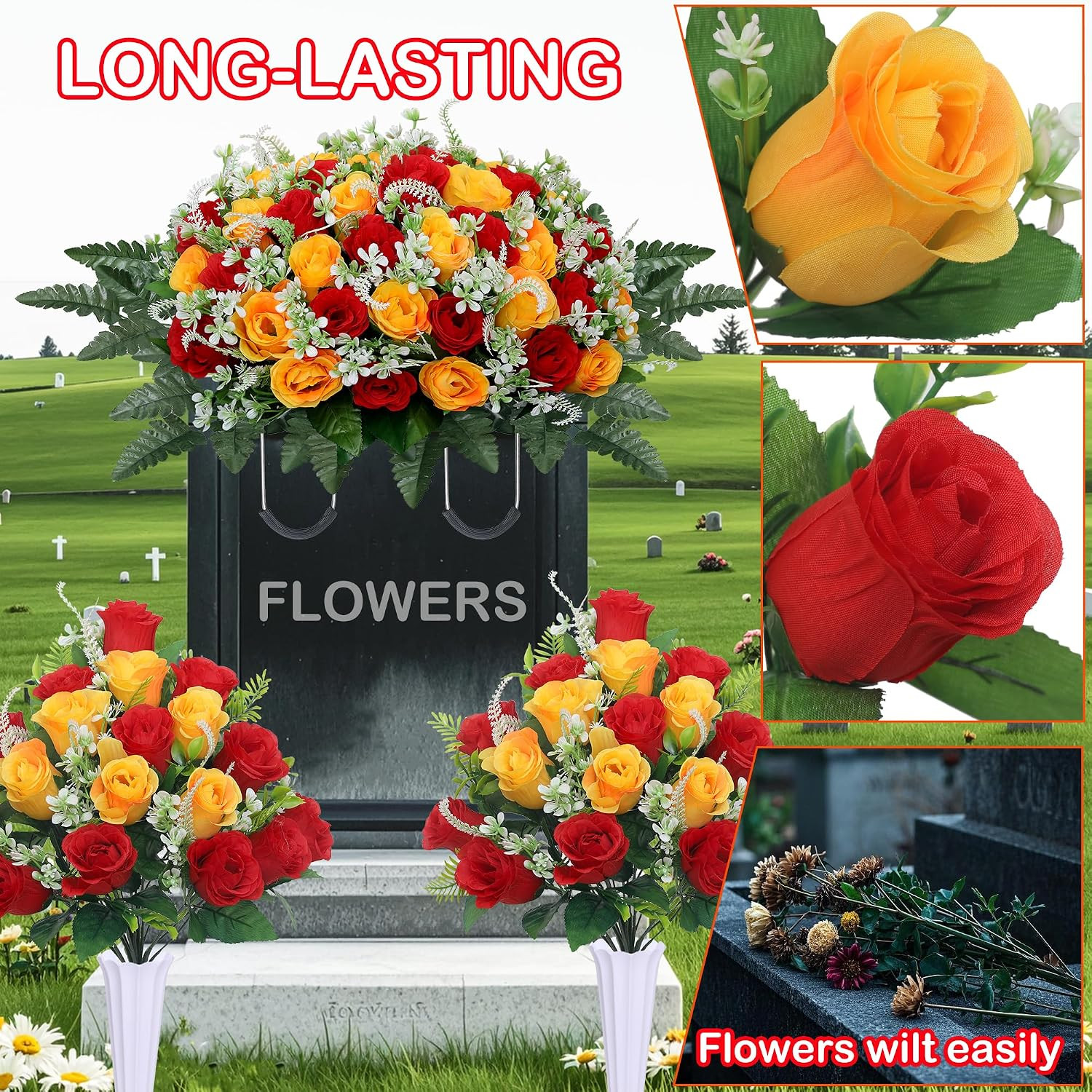 3pcs Headstone Flowers Saddle for Tombstone,Cemetery Flower Memorial Bouquet wit