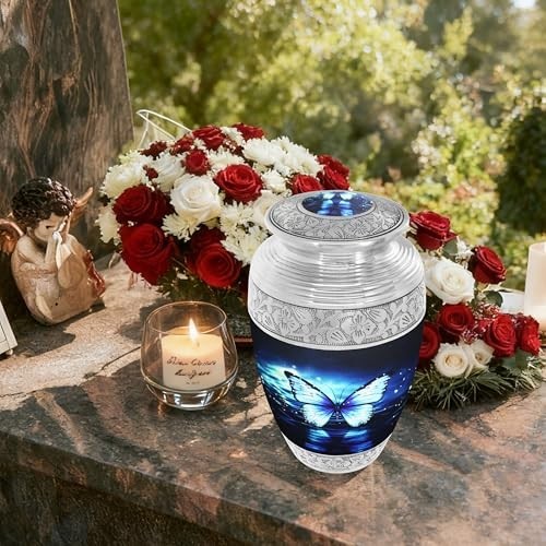 Cremation Urn for Adult Ashes, Decorative Burial Urn with Butterflies, Large Siz