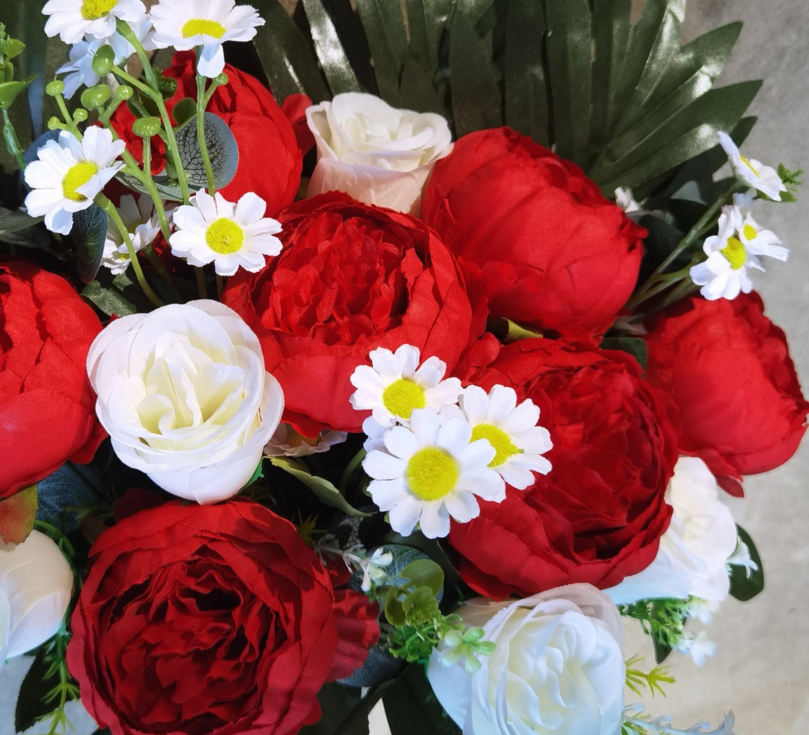 Cemetery Artificial Flowers with Vase – Memorial Bouquet, Weather Resistant Red