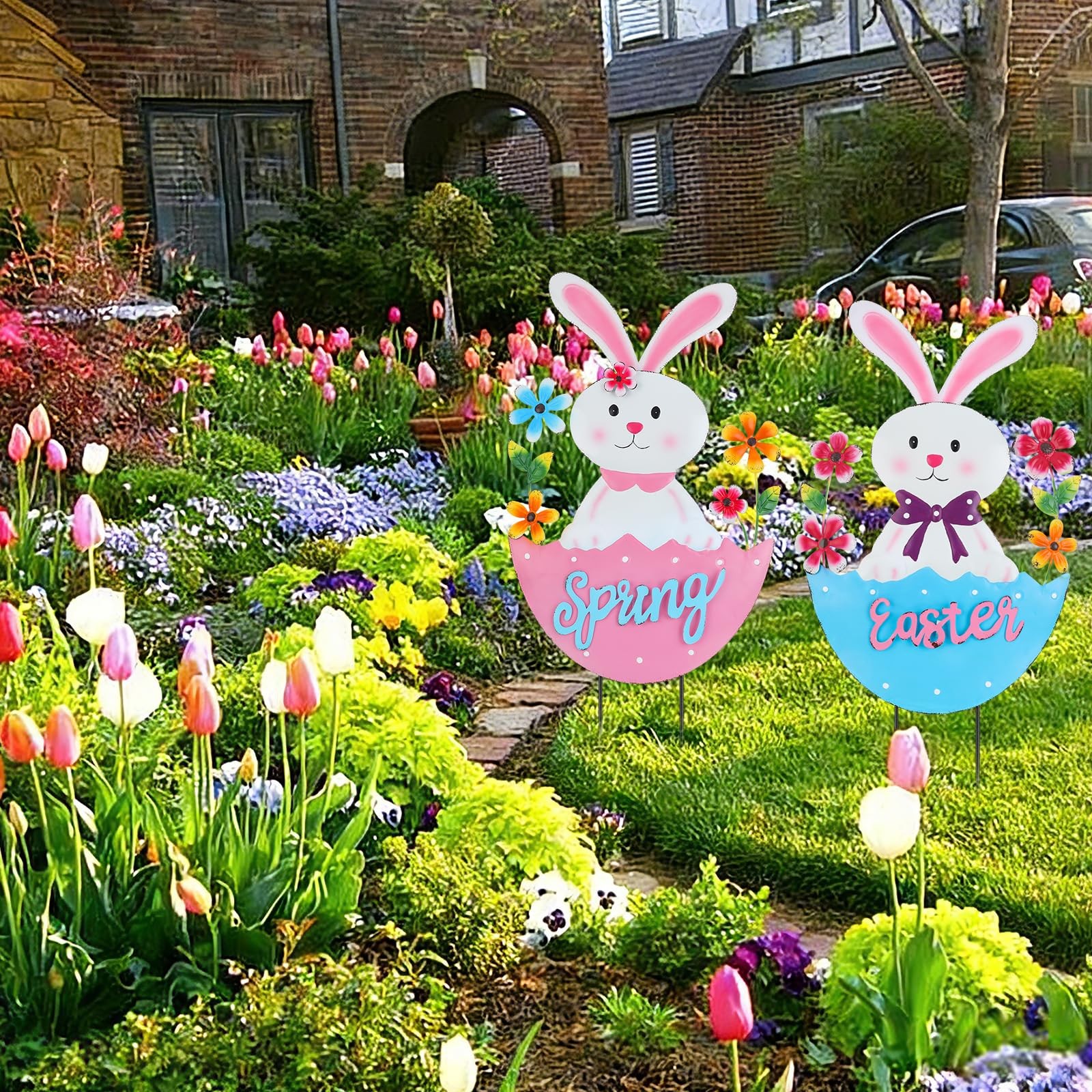 2 Pack Easter Rabbit Outdoor Decor – Spring Bunny Yard Signs with 3D Letters …