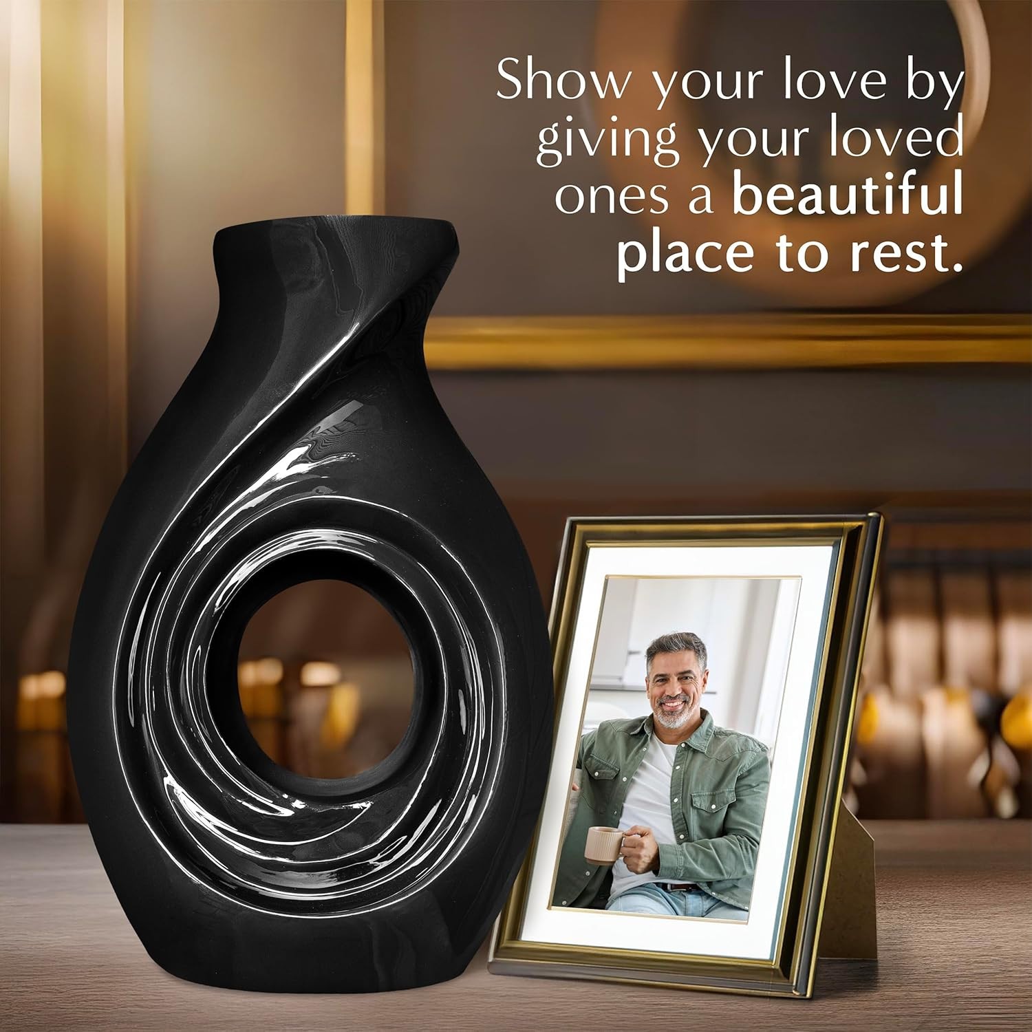 Modern Adult Cremation Urn for Human Ashes, Secure Closure, 14″Hx9″W, Black