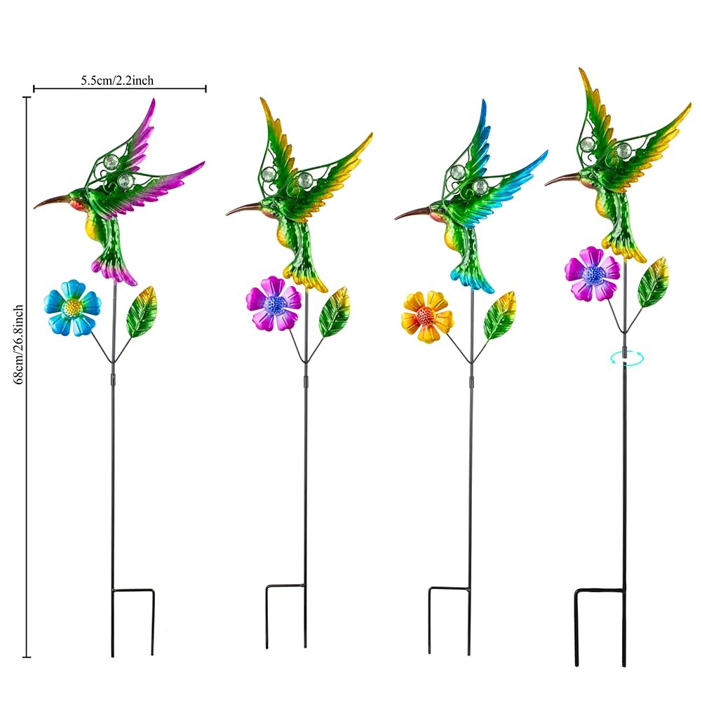 3 Pcs Hummingbird Decorative Garden Stakes with Metal Flower Set Spring Outdo